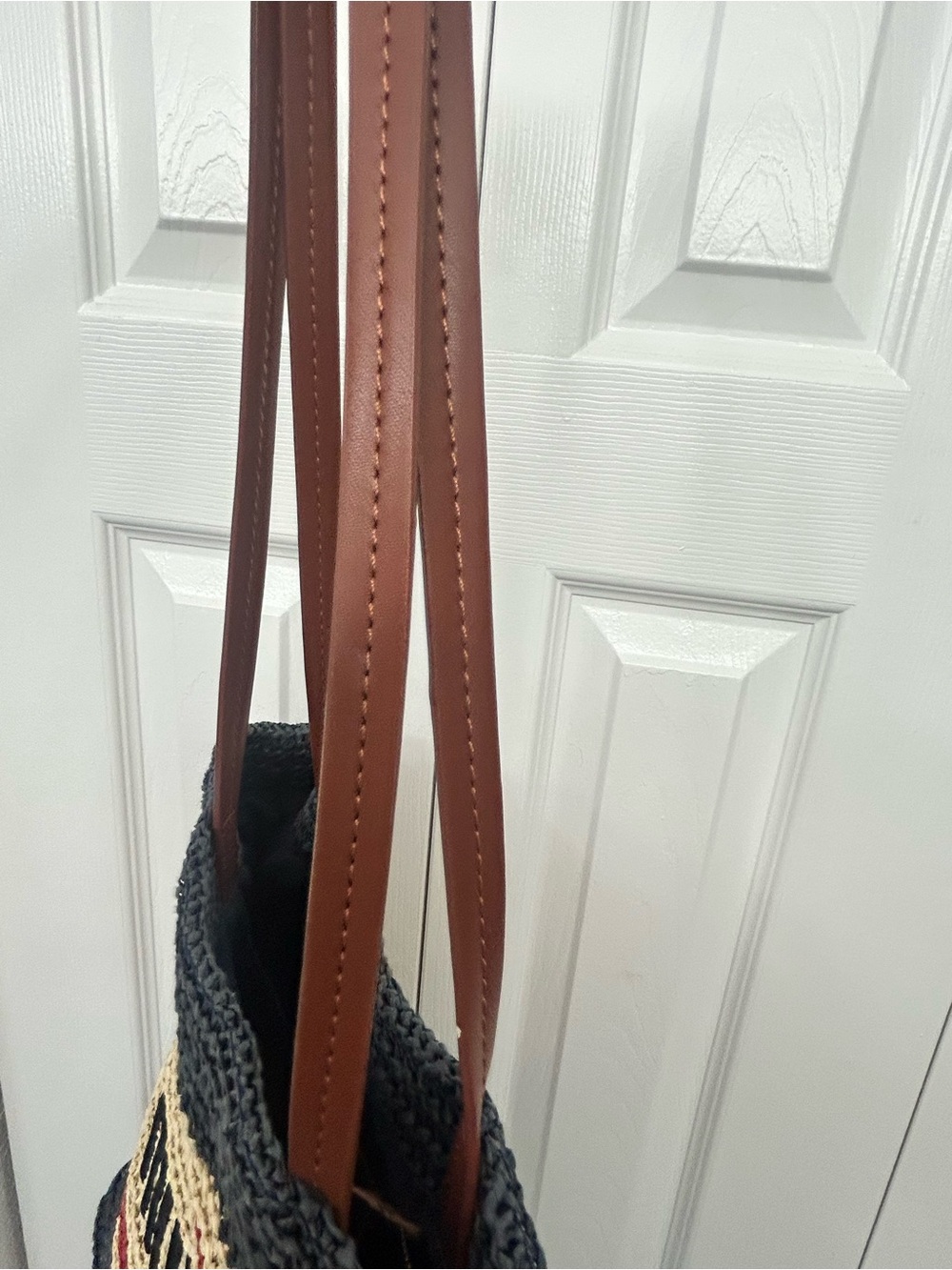 Miu Miu Black Cream Red Crochet Straw Tote with Brown Leather Straps looks like - Picture 6 of 14